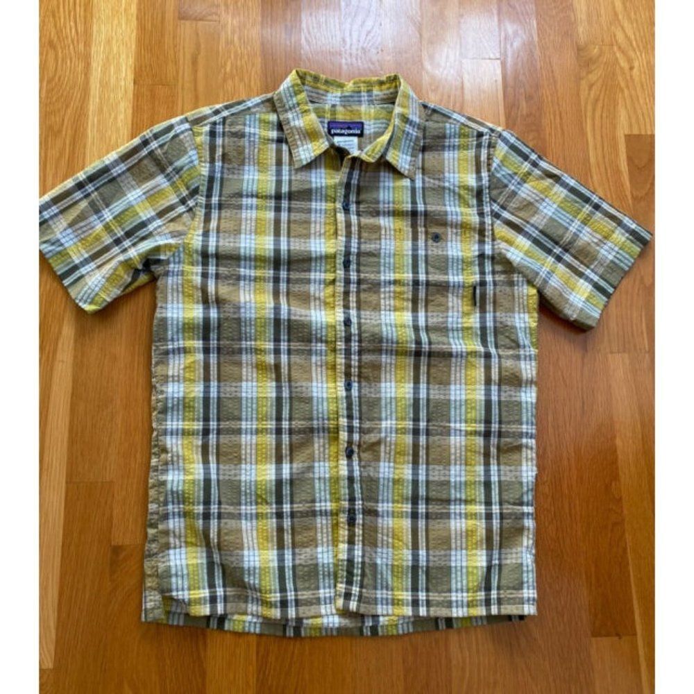Patagonia Mens Short Sleeve Camp Outdoor Shirt Yellow Plaid Large